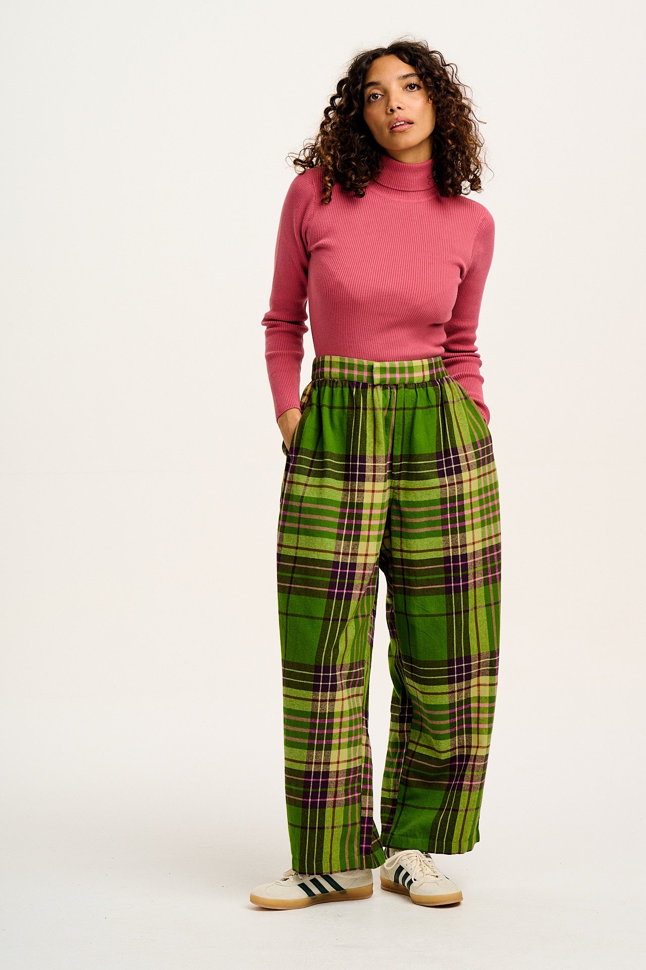 Beau - Balloon Cotton Trousers in Green Isla Tartan Print