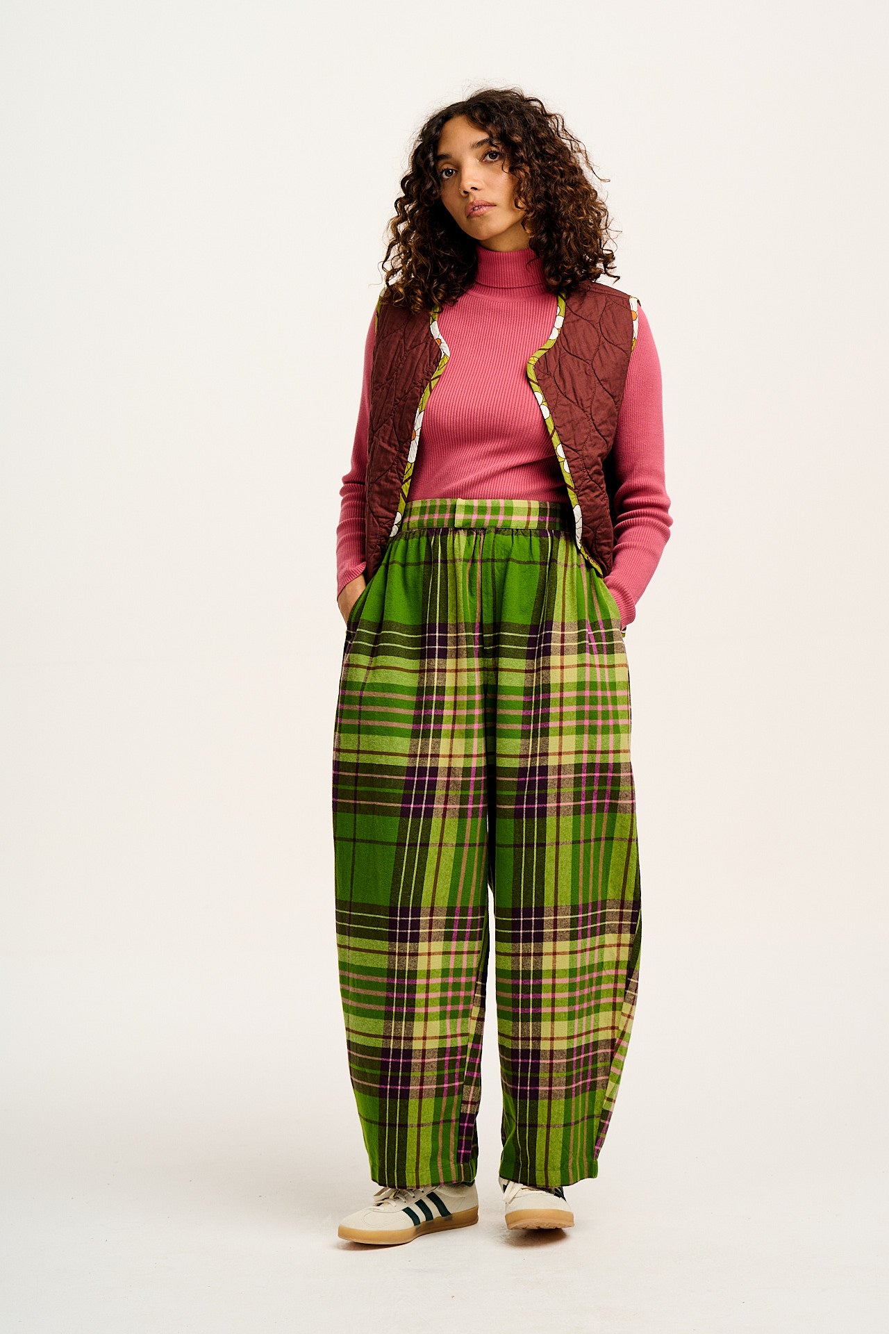 Beau - Balloon Cotton Trousers in Green Isla Tartan Print