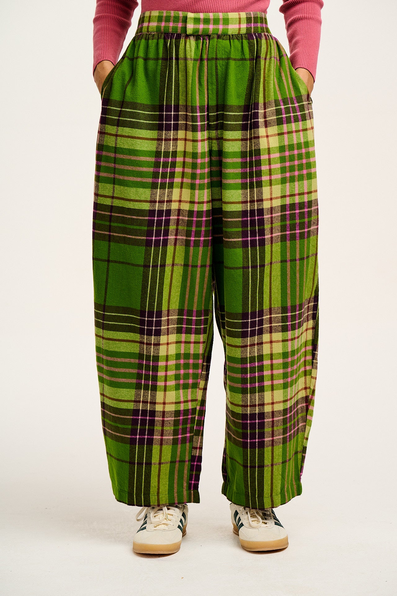 Beau - Balloon Cotton Trousers in Green Isla Tartan Print