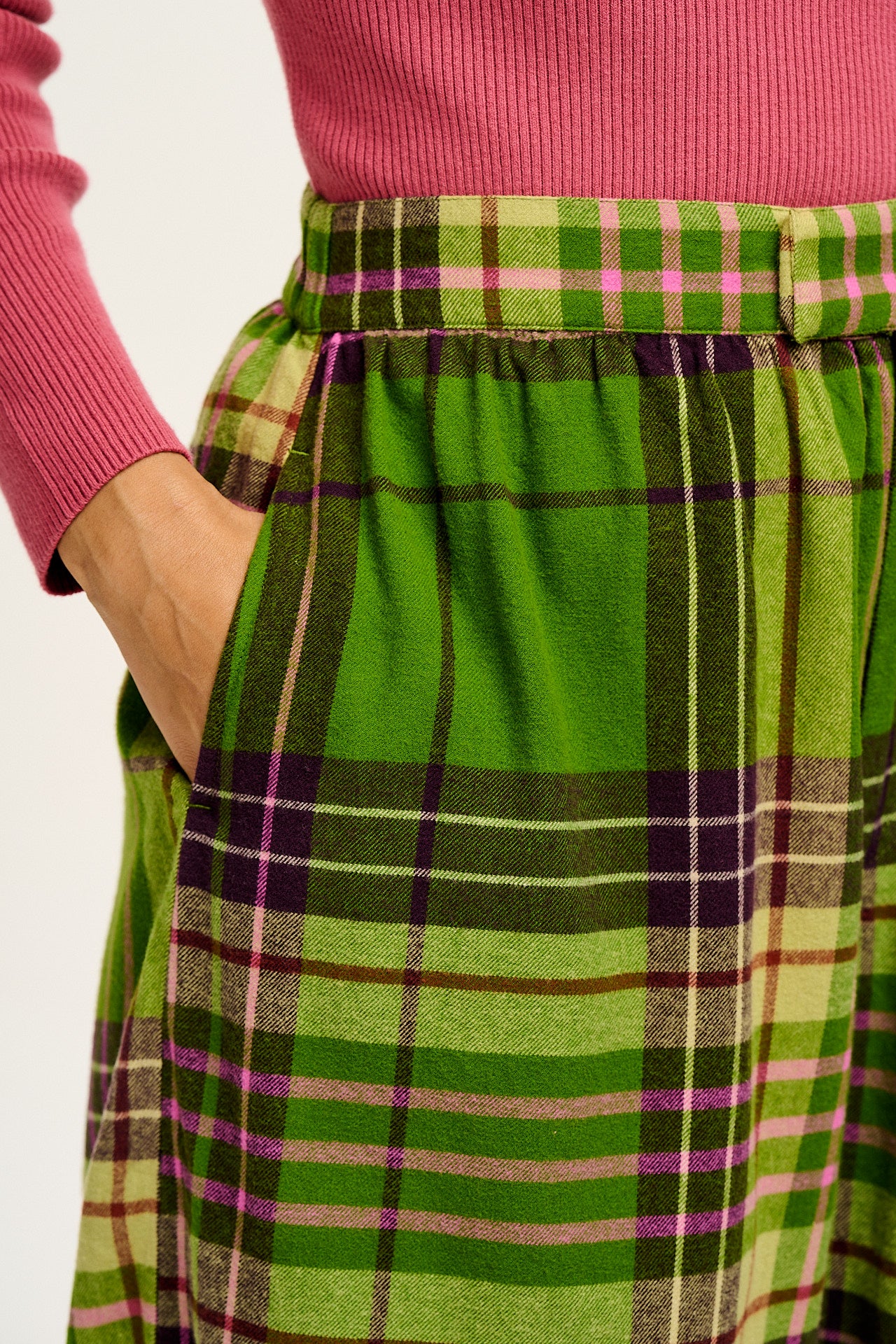 Beau - Balloon Cotton Trousers in Green Isla Tartan Print