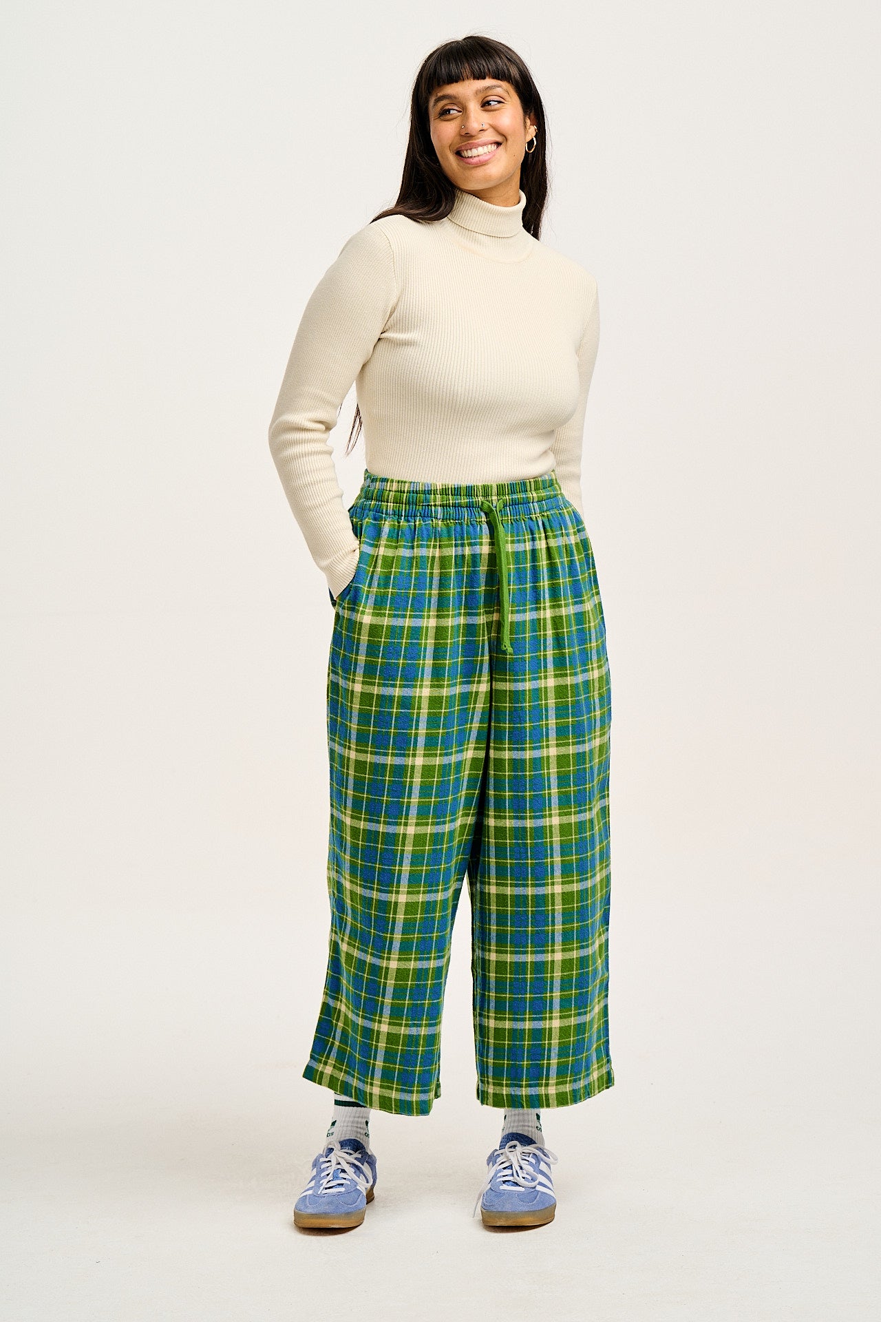 Chuck - Wide Leg Cotton Trousers in Green & Blue Elsie Tartan Print