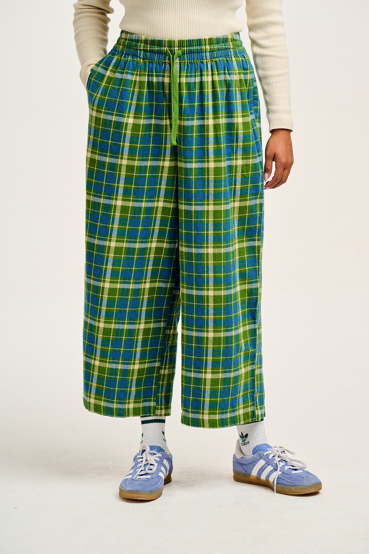 Chuck - Wide Leg Cotton Trousers in Green & Blue Elsie Tartan Print