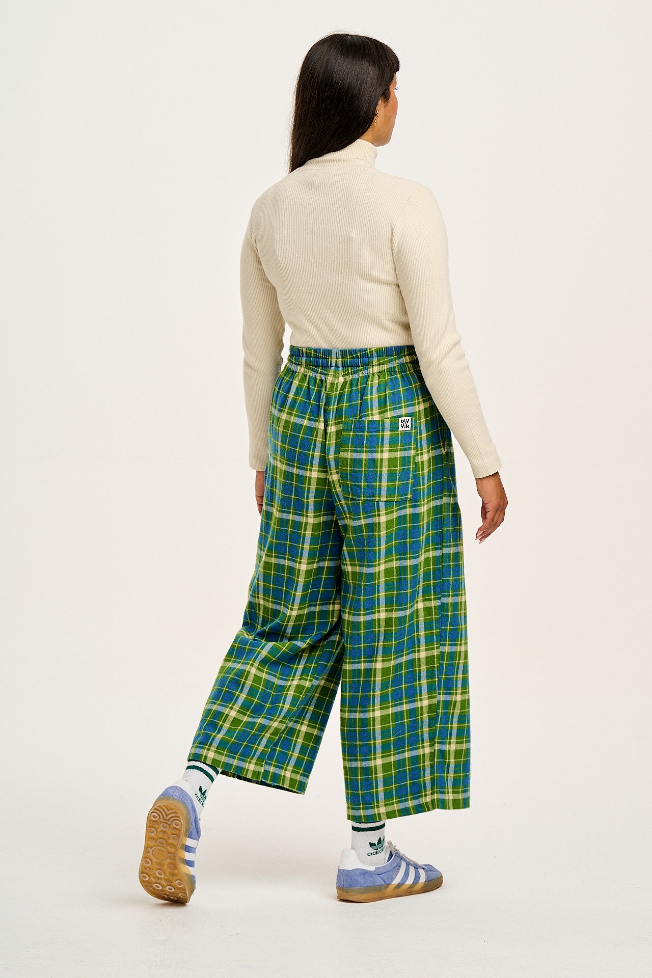 Chuck - Wide Leg Cotton Trousers in Green & Blue Elsie Tartan Print