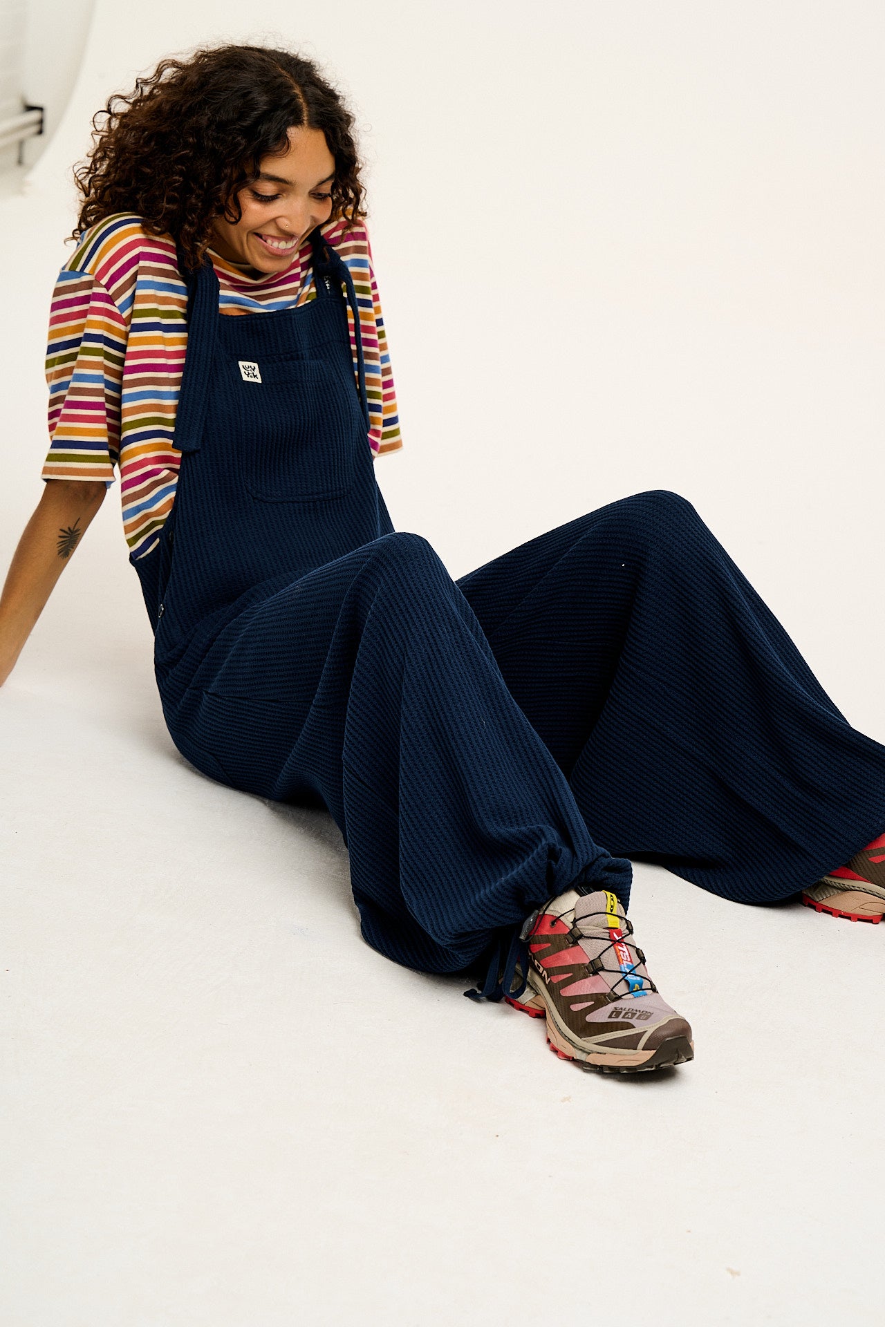 Ali - Baggy Waffle Cotton Dungarees in Varsity Blue