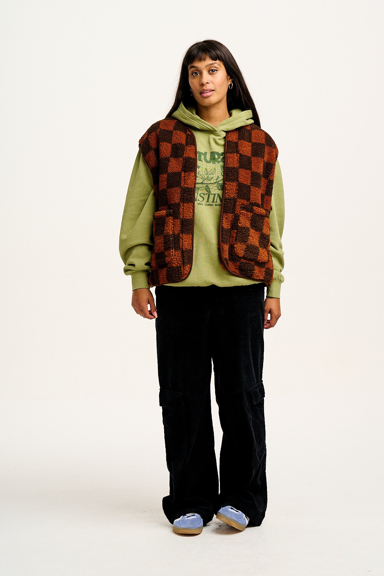 Aubrey - Borg Fleece Gilet in Terry Brown Check Print