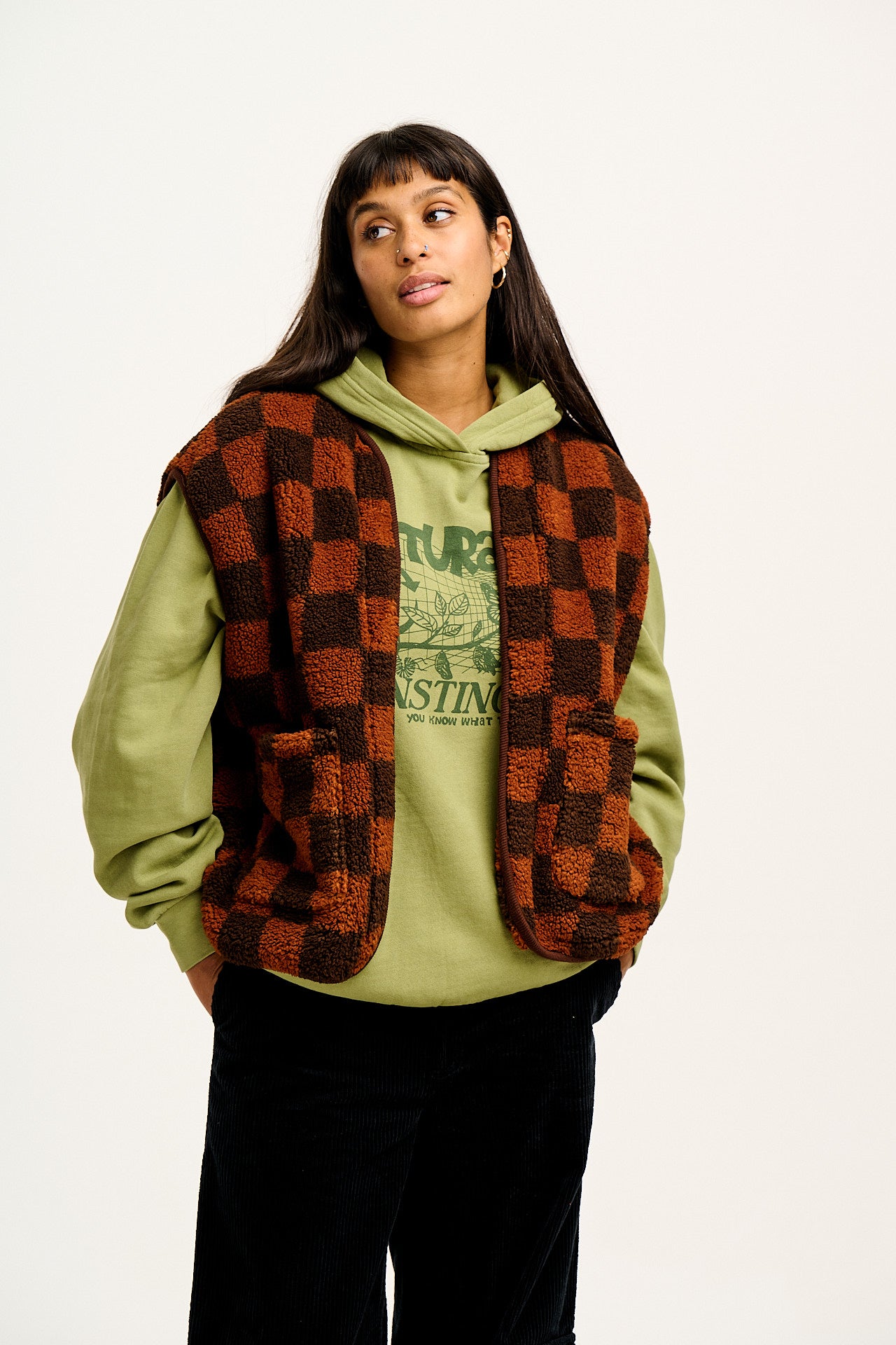 Aubrey - Borg Fleece Gilet in Terry Brown Check Print