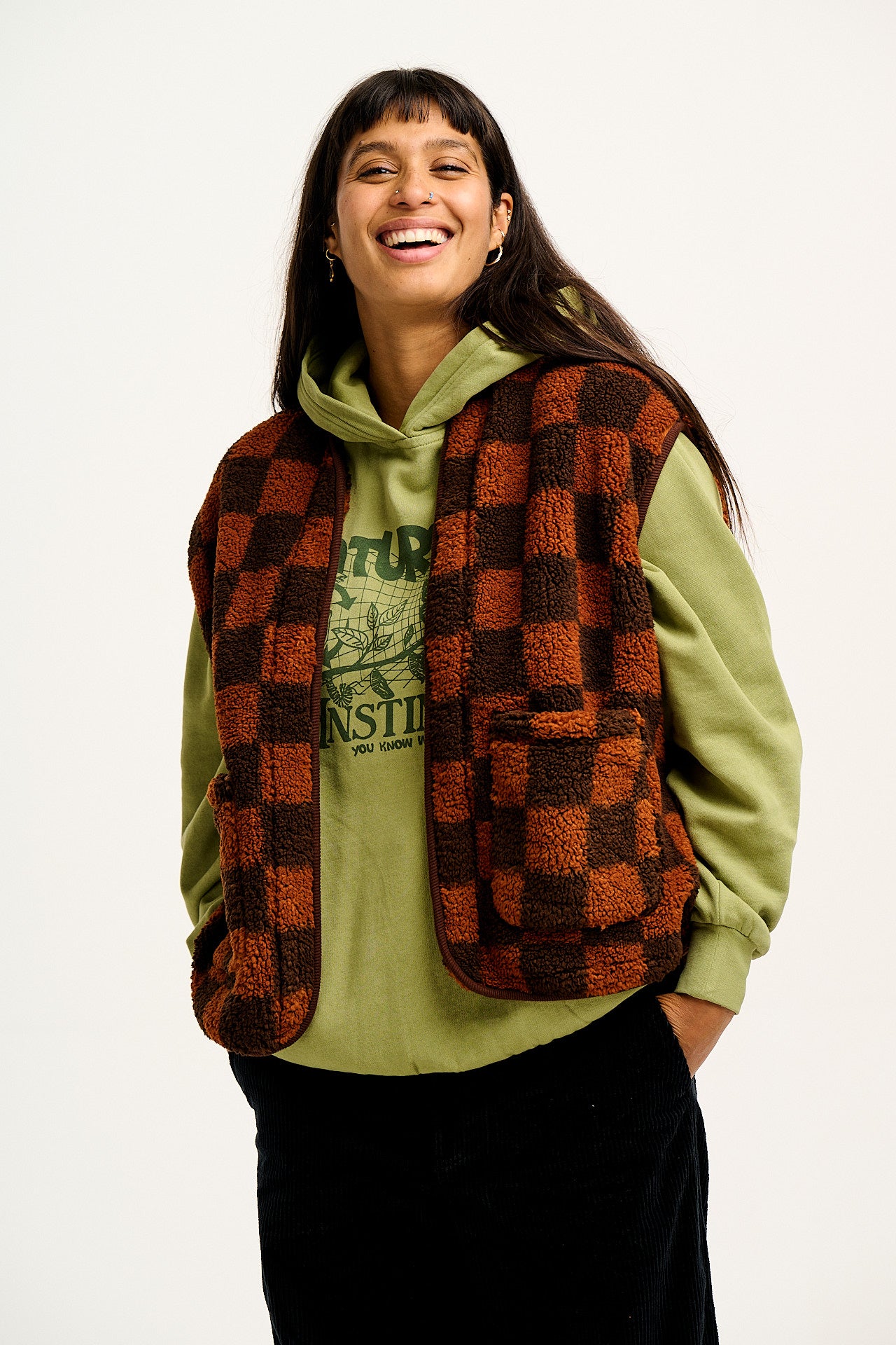 Aubrey - Borg Fleece Gilet in Terry Brown Check Print