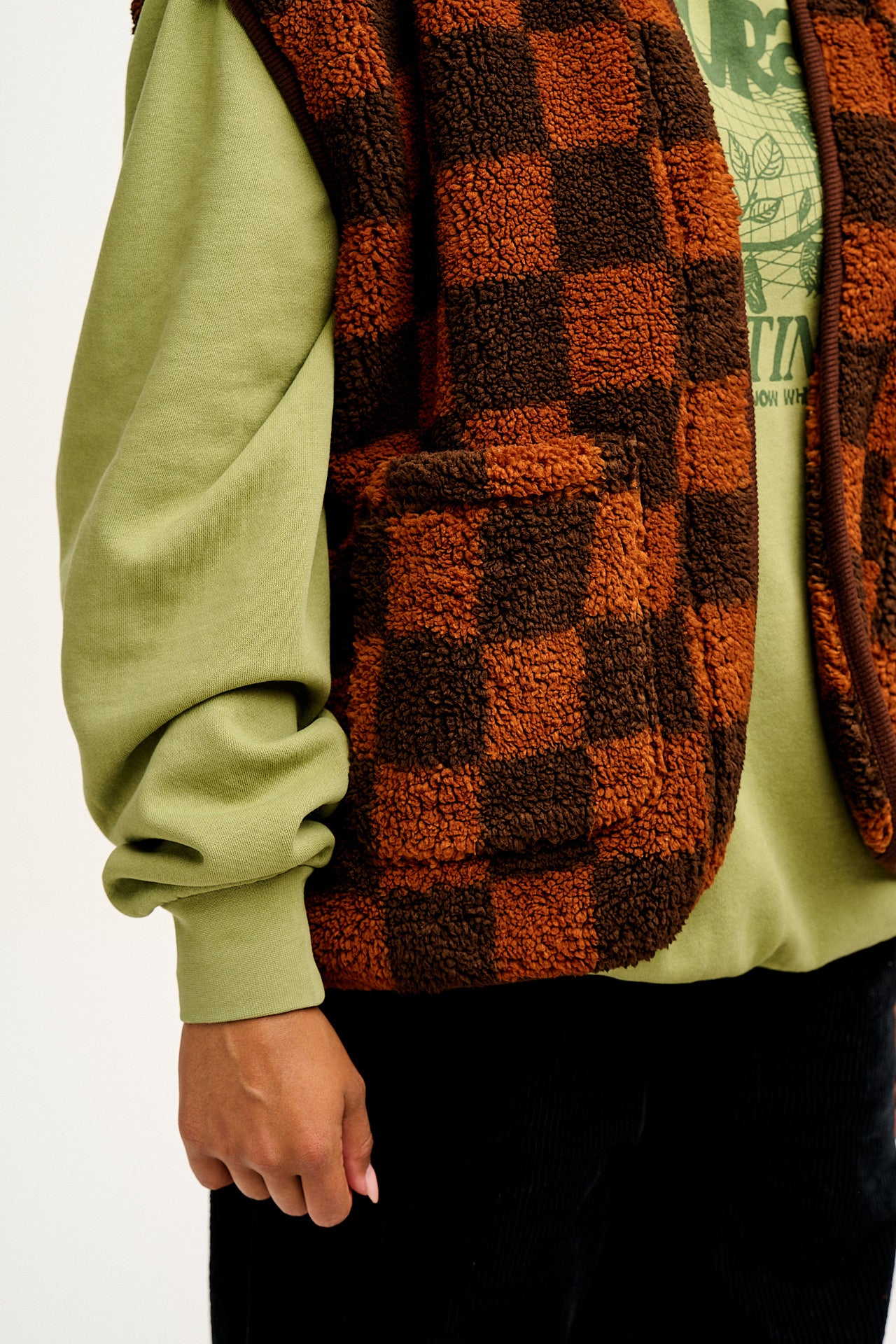 Aubrey - Borg Fleece Gilet in Terry Brown Check Print