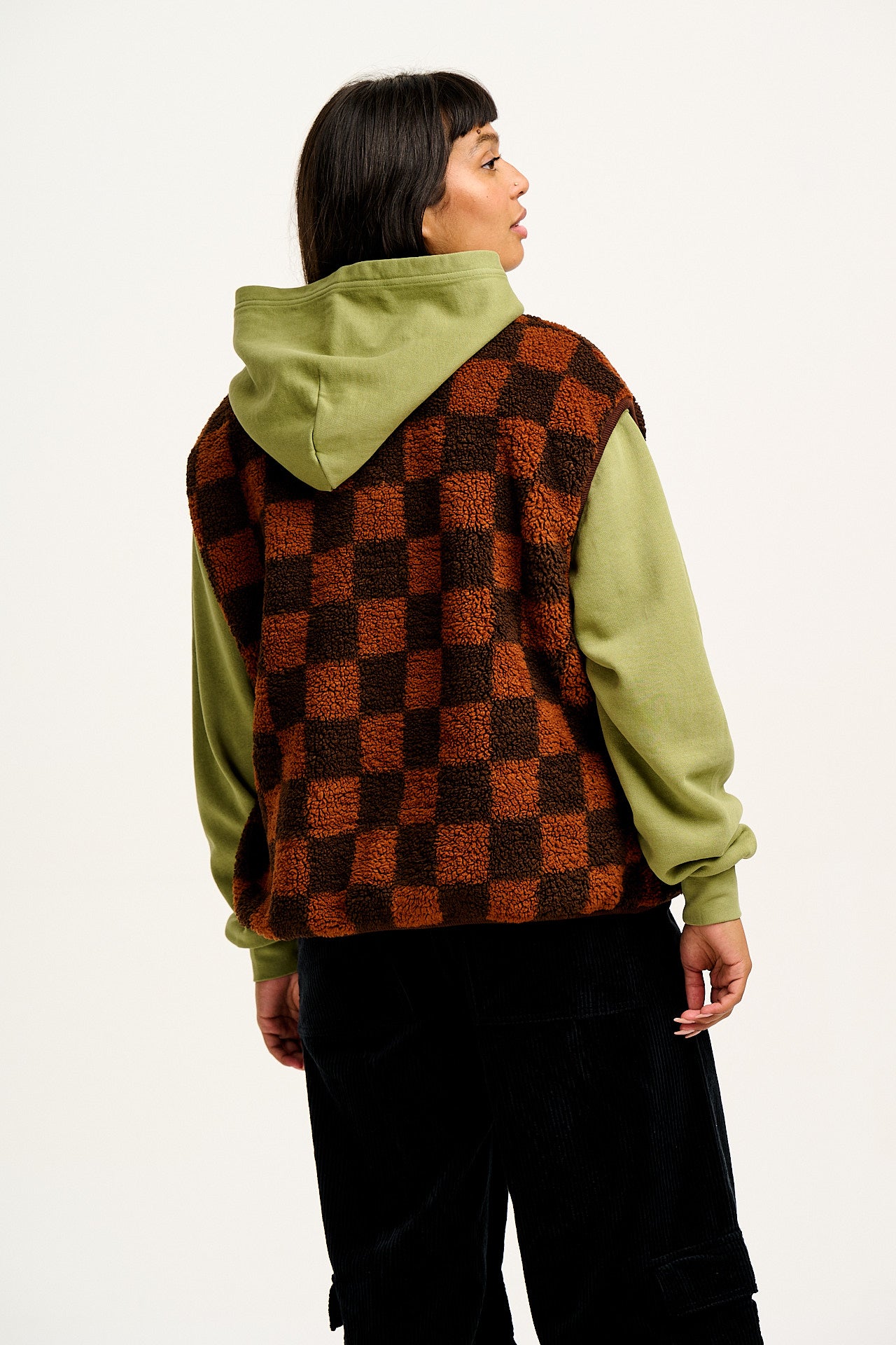 Aubrey - Borg Fleece Gilet in Terry Brown Check Print