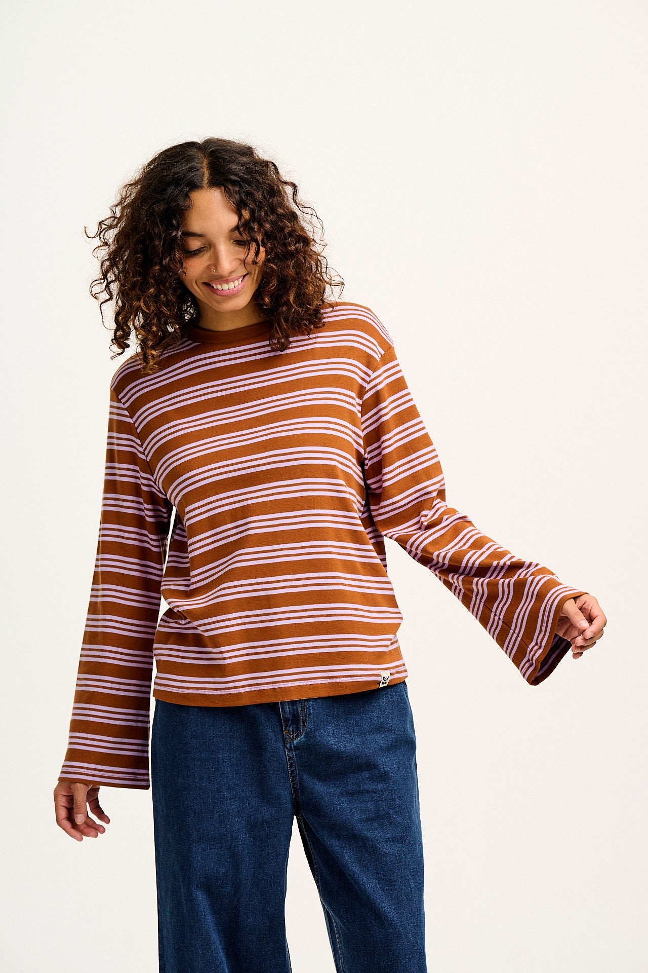 Hermione - Fluted Cotton Top in Lilac & Brown Stripe