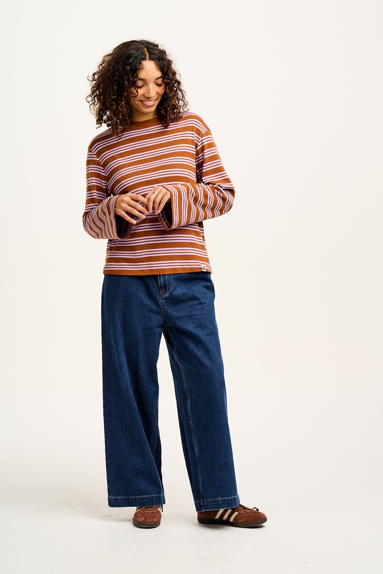 Hermione - Fluted Cotton Top in Lilac & Brown Stripe