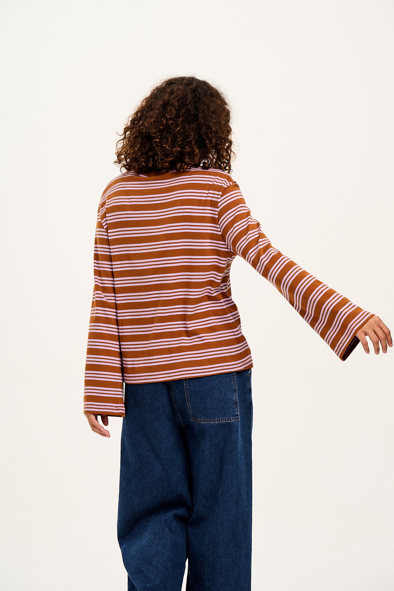 Hermione - Fluted Cotton Top in Lilac & Brown Stripe