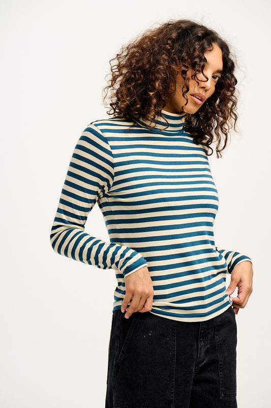 Hayden - Cotton & TENCEL™ Modal Roll Neck Top in Navy & Ecru Stripe