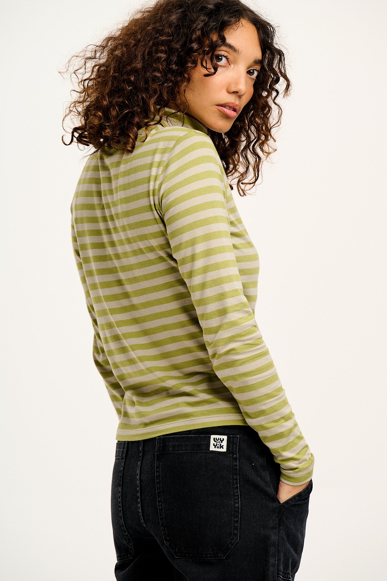 Hayden - Cotton & TENCEL™ Modal Roll Neck Top in Sage Stripe