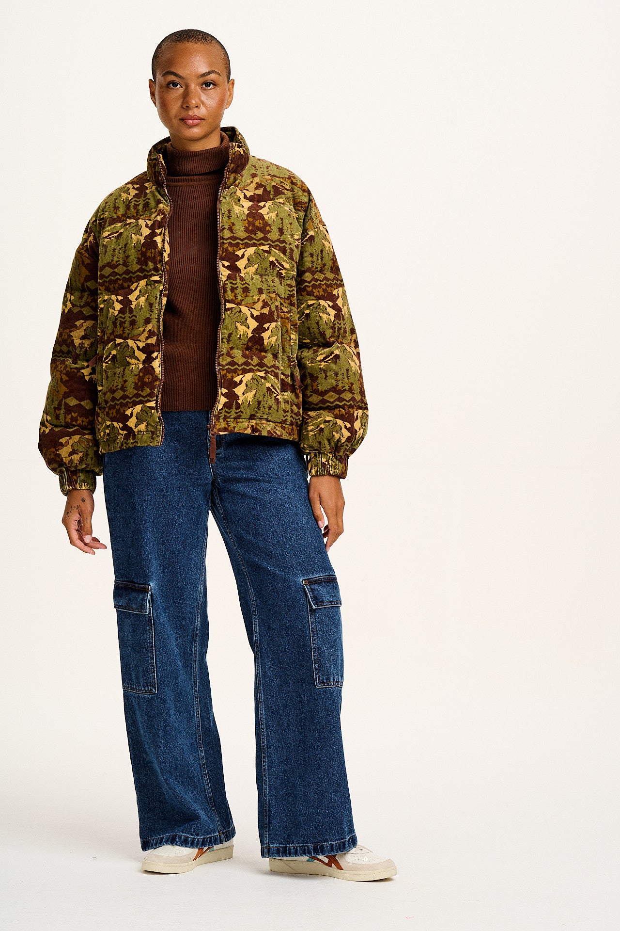 Paloma - Corduroy Puffer Jacket in Green & Brown Nevis Print