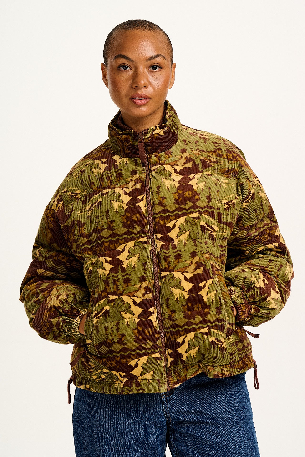 Paloma - Corduroy Puffer Jacket in Green & Brown Nevis Print