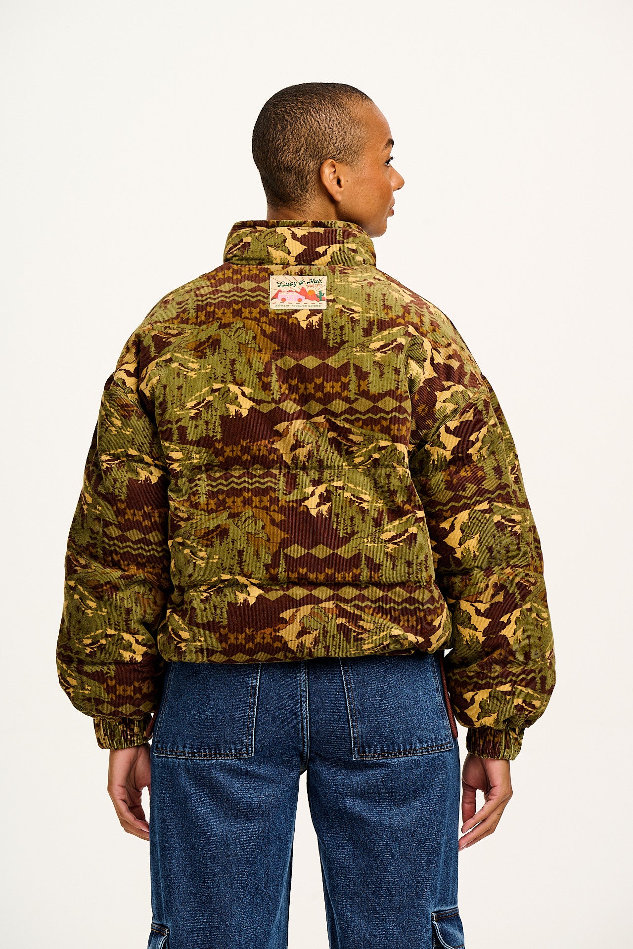 Paloma - Corduroy Puffer Jacket in Green & Brown Nevis Print