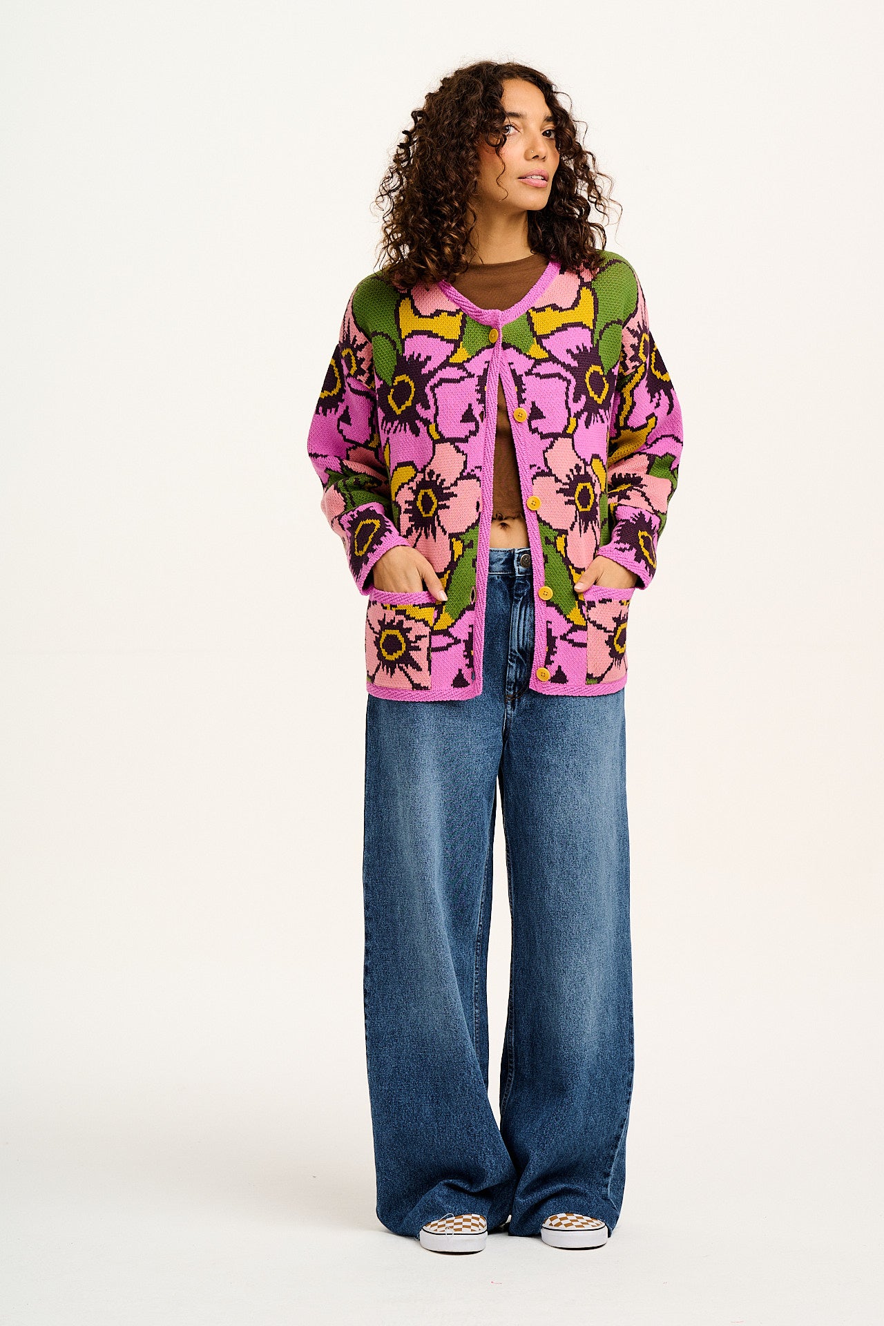 Frederika - Heavy Knit Cardigan in Purple Poppies Print