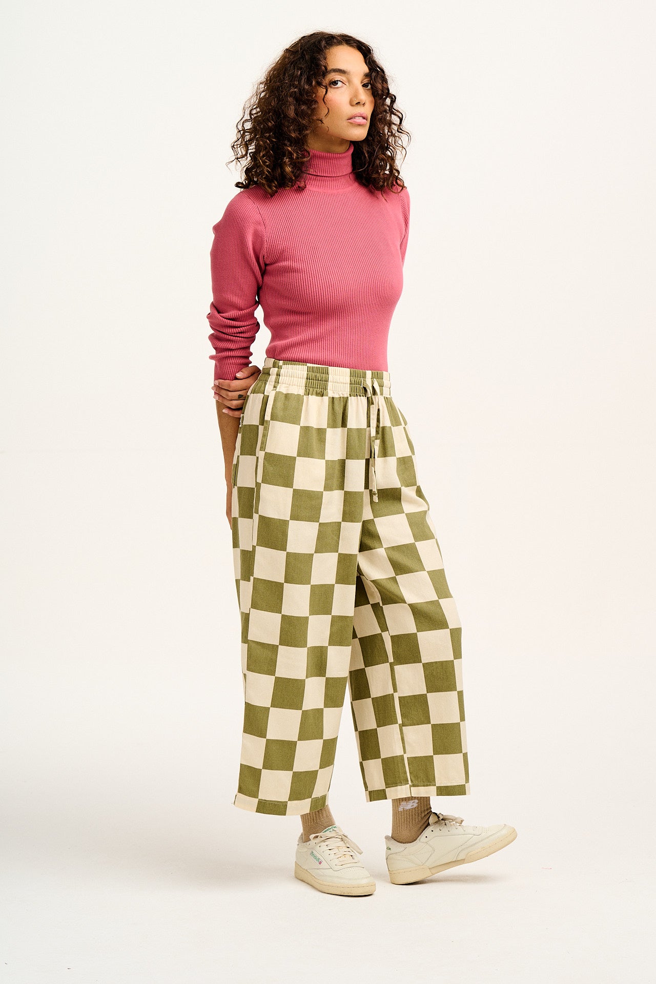 Chuck - Wide Leg Cotton Trousers in Pistachio Green Checkerboard Print