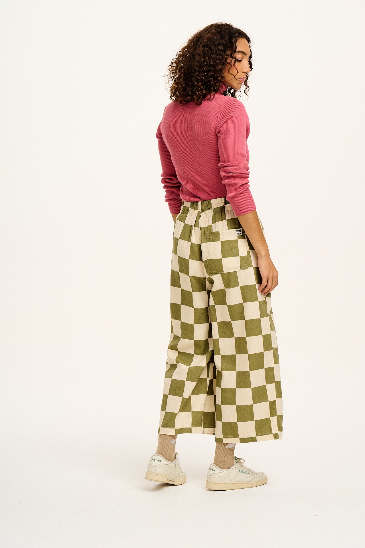 Chuck - Wide Leg Cotton Trousers in Pistachio Green Checkerboard Print