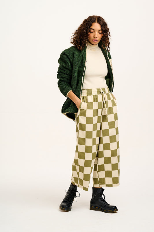 Chuck - Wide Leg Cotton Trousers in Pistachio Green Checkerboard Print