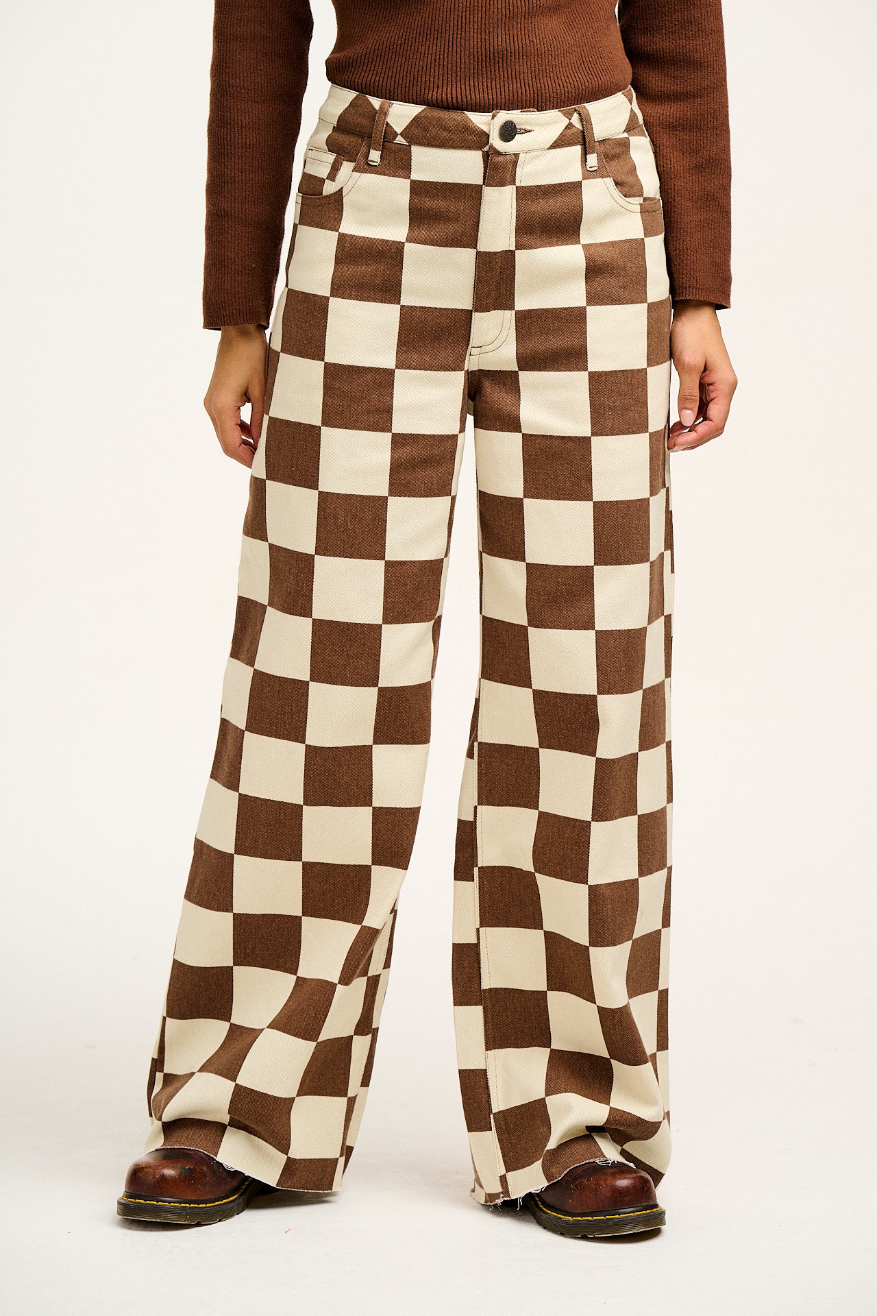 Carter - High Waisted Denim Jeans in Cookies & Cream Checkerboard Print