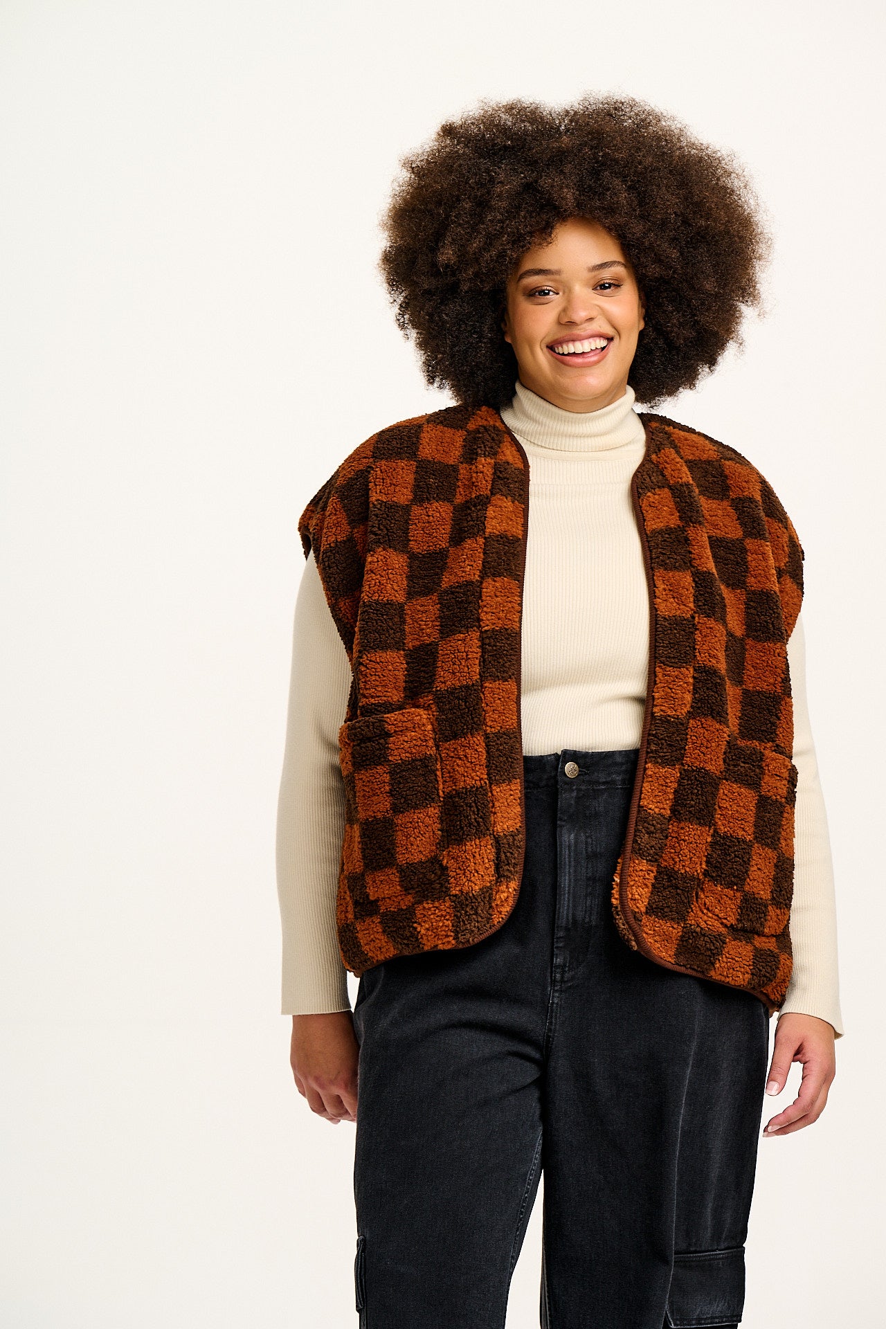 Aubrey - Borg Fleece Gilet in Terry Brown Check Print