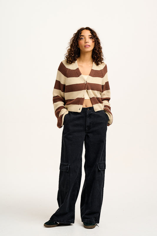 Robyn - V-Neck Knitted Cardigan in Oak Brown & Ecru Stripe