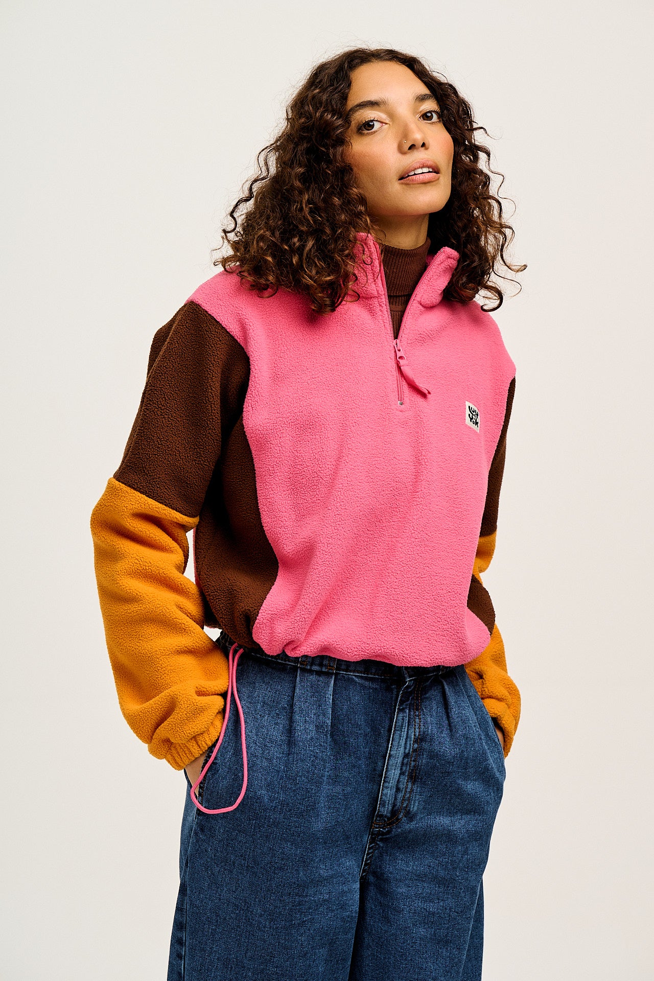 Blake - Cropped Polar Fleece in Ash Pink, Brown & Orange