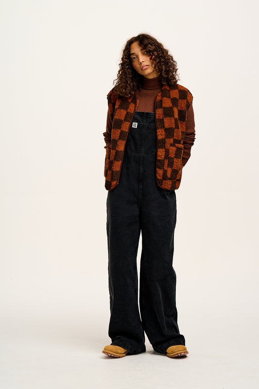 Aubrey - Borg Fleece Gilet in Terry Brown Check Print