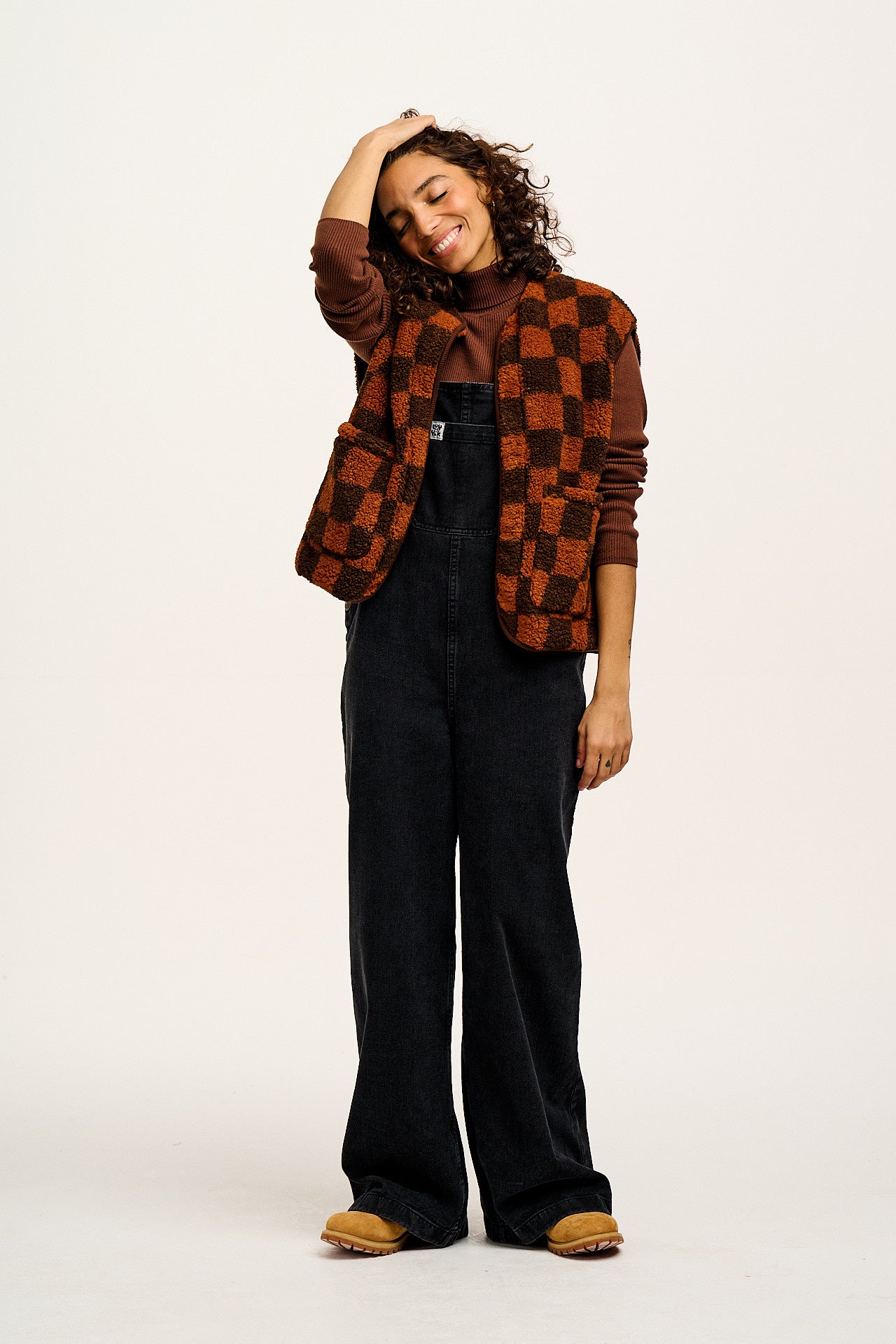 Aubrey - Borg Fleece Gilet in Terry Brown Check Print