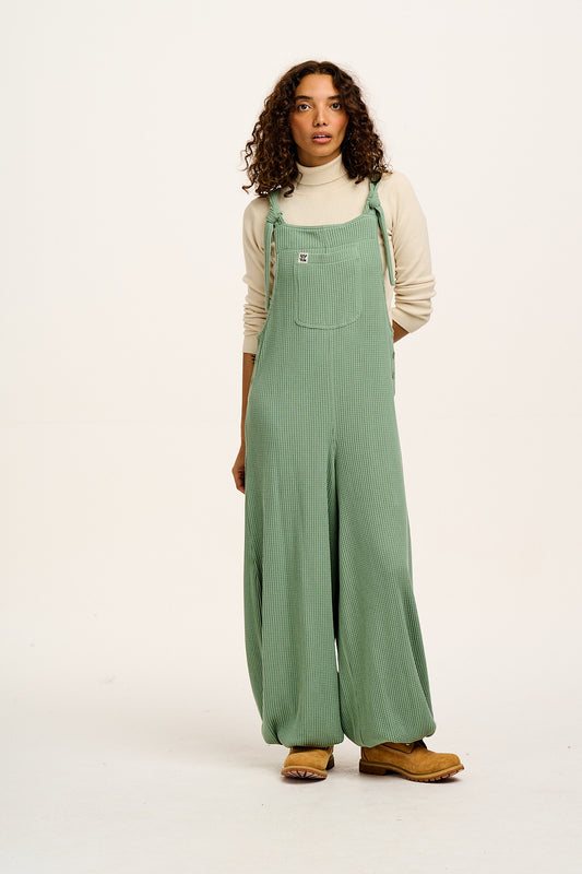 Ali - Slouchy Waffle Cotton Dungarees in Green Bay