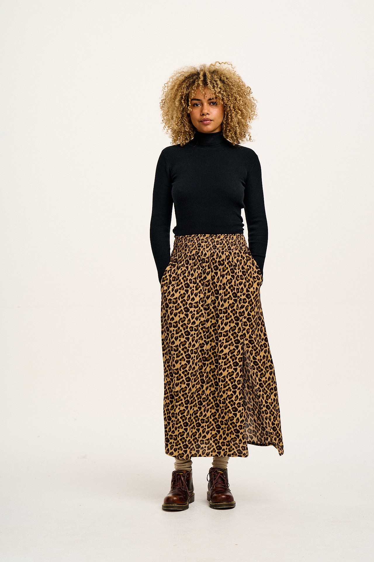 Poppy - Tencel Elasticated Waist Skirt in Leopard Print