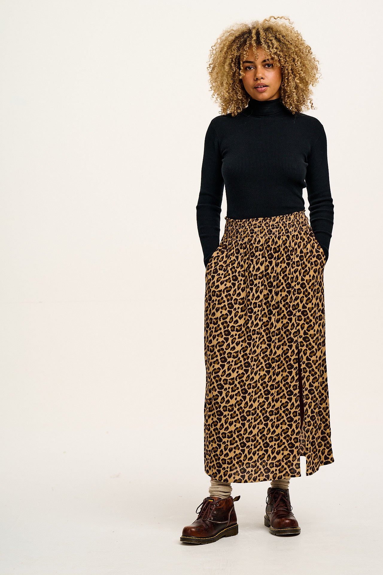 Poppy - Tencel Elasticated Waist Skirt in Leopard Print