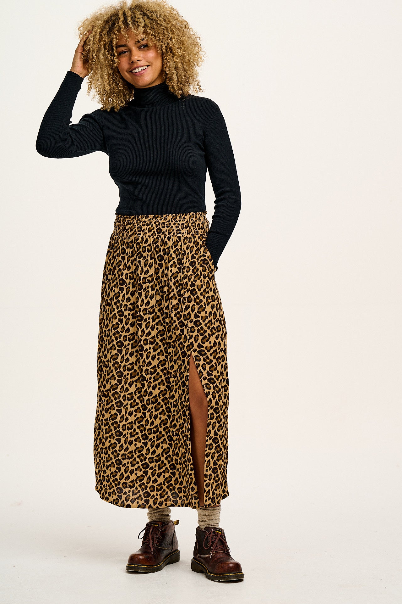 Poppy - Tencel Elasticated Waist Skirt in Leopard Print