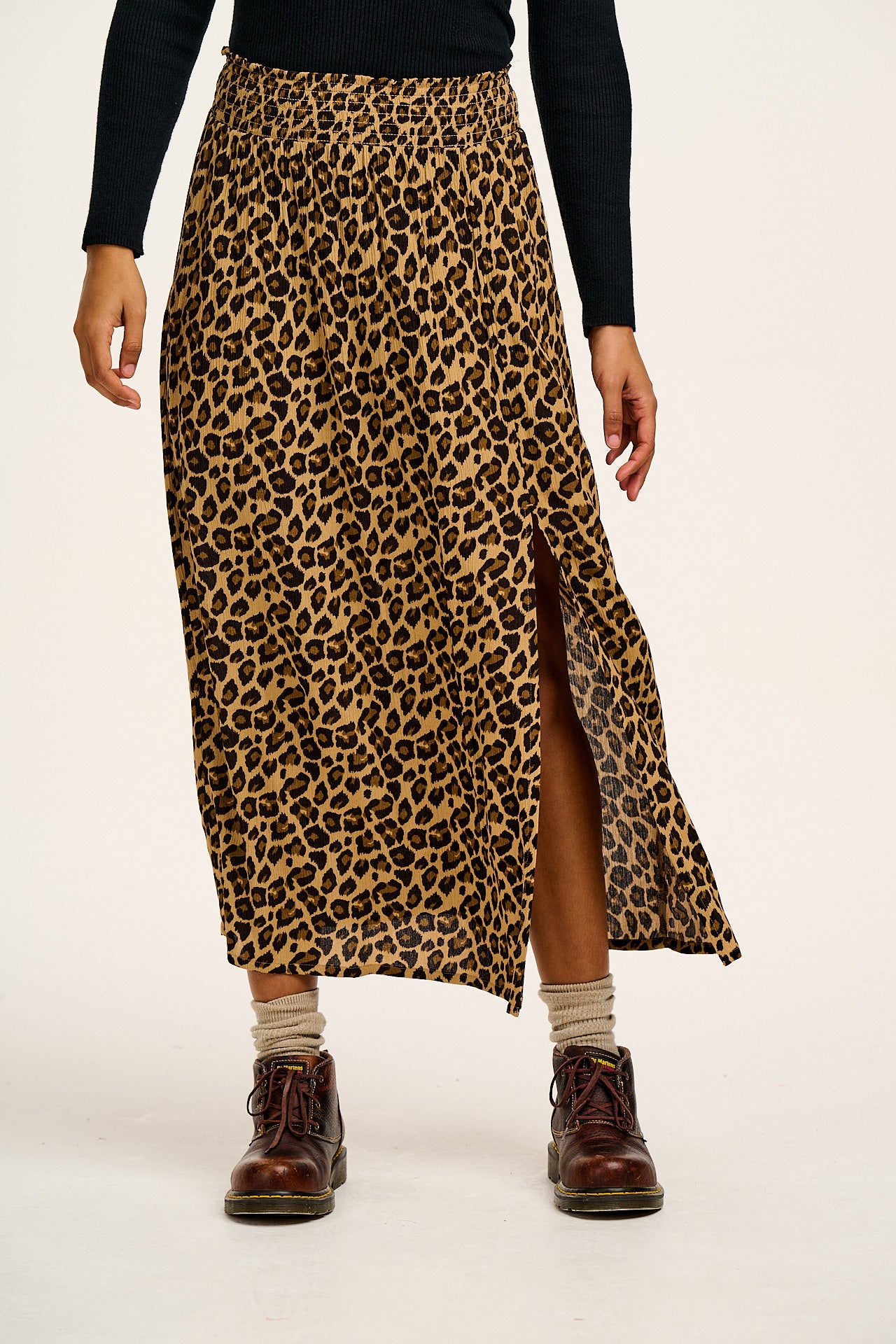 Poppy Tencel Elasticated Waist Skirt in Leopard Print Lucy Yak