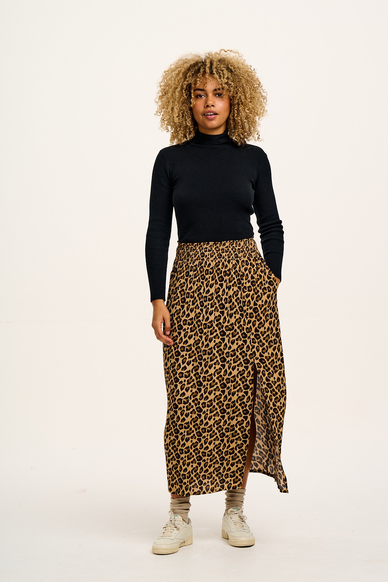 Poppy - Tencel Elasticated Waist Skirt in Leopard Print