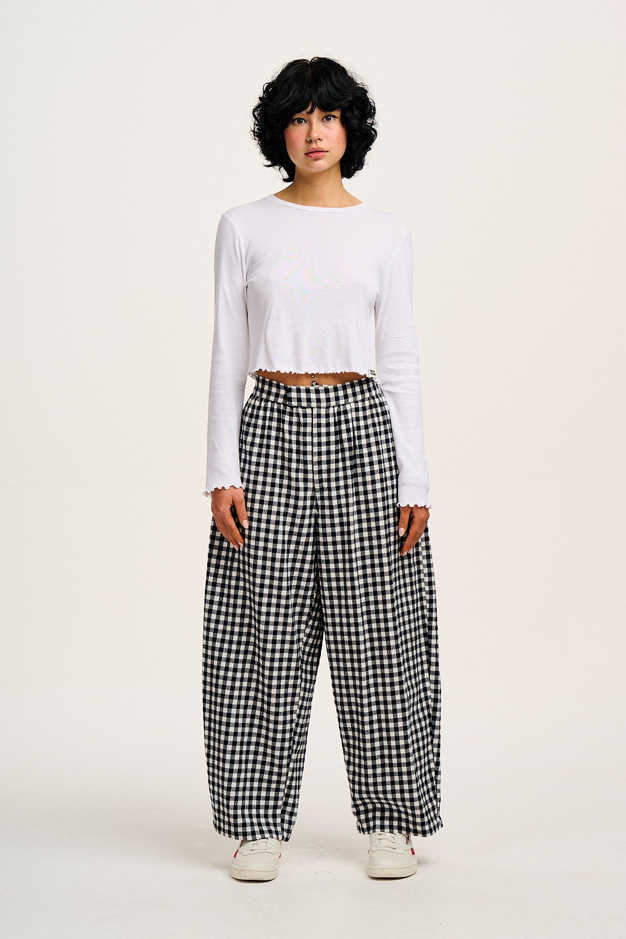 Beau - Balloon Brushed Cotton Trousers in Black & White Mono Gingham Print