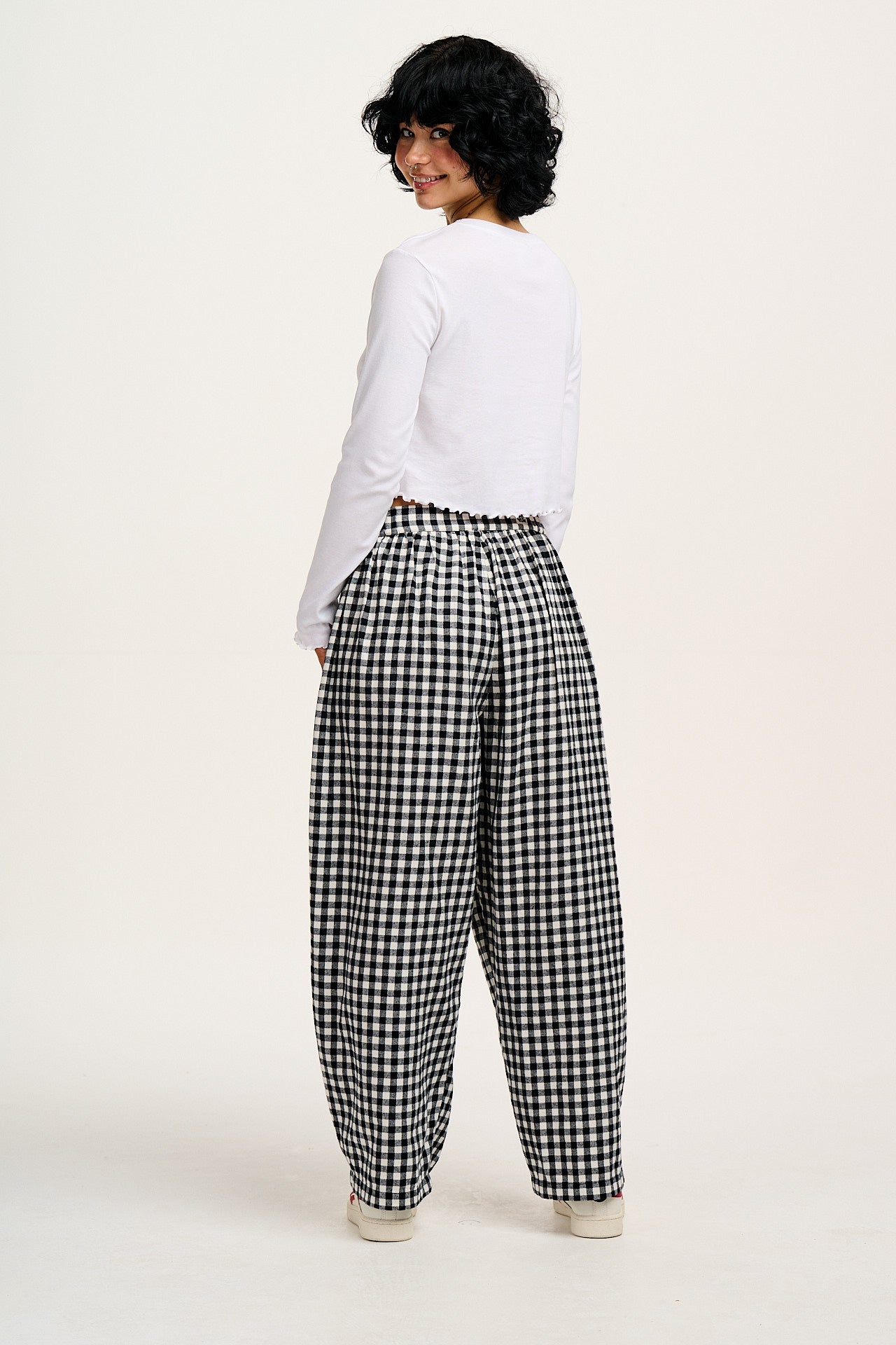 Beau - Balloon Brushed Cotton Trousers in Black & White Mono Gingham Print