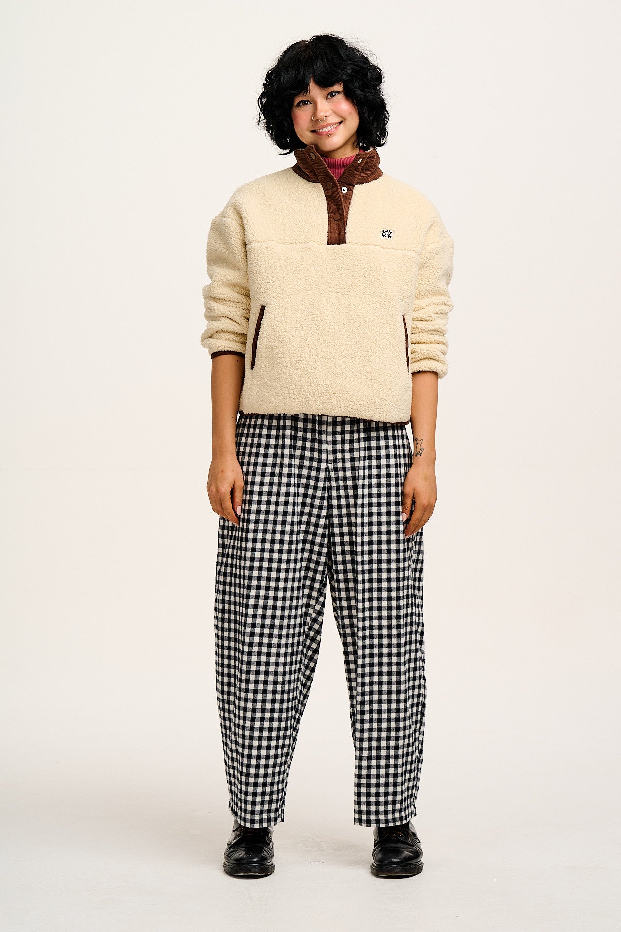 Beau - Balloon Brushed Cotton Trousers in Black & White Mono Gingham Print