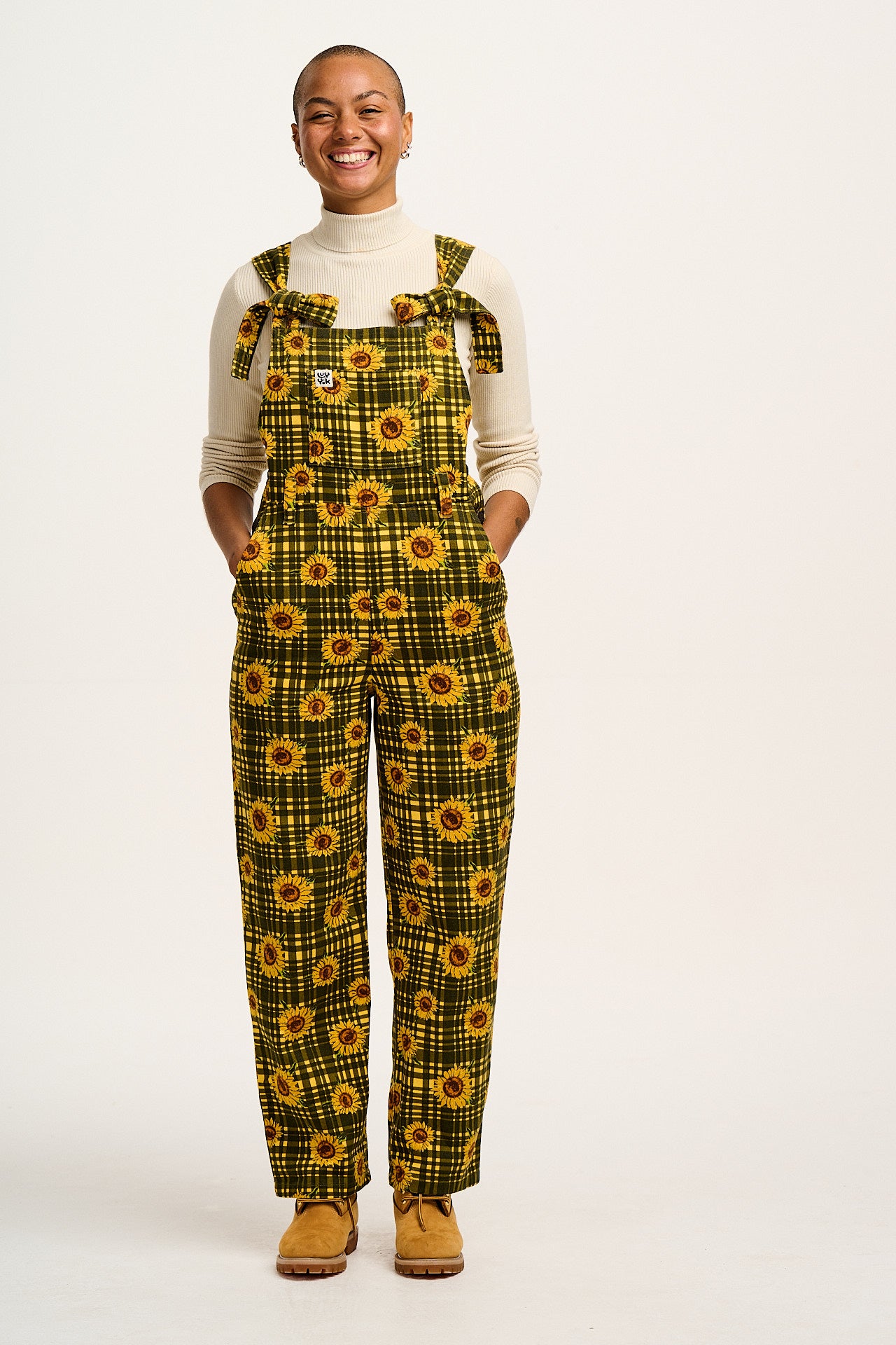 Easton - Twill Dungarees in Green Sunday Sunflowers Print