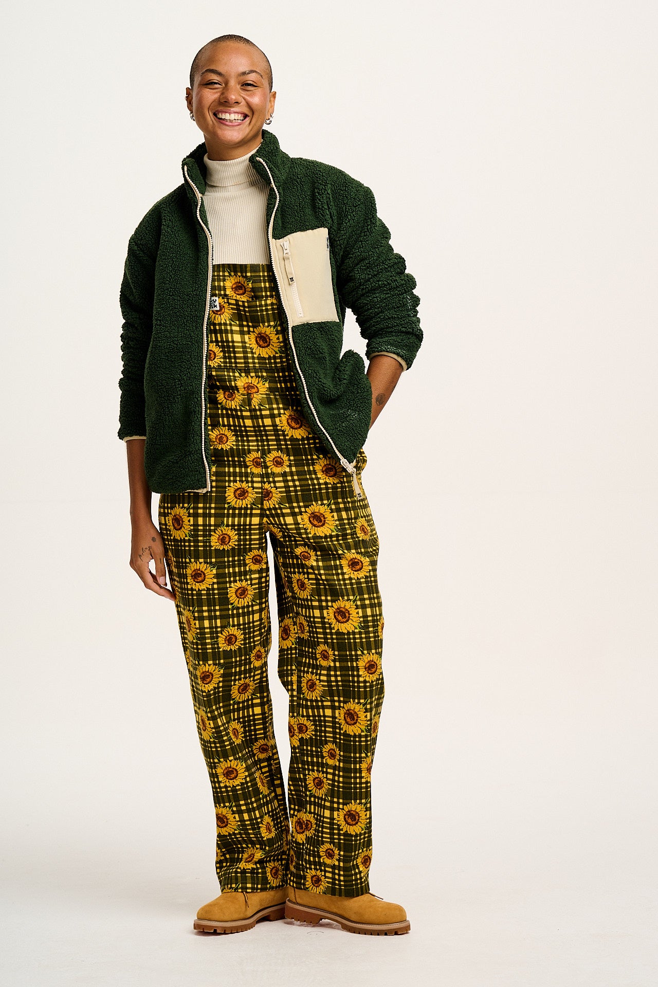 Easton - Twill Dungarees in Green Sunday Sunflowers Print