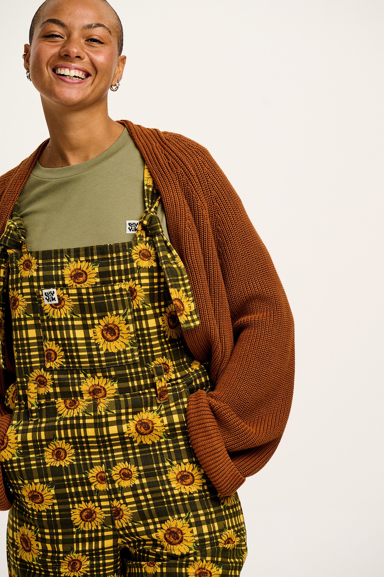 Easton - Twill Dungarees in Green Sunday Sunflowers Print