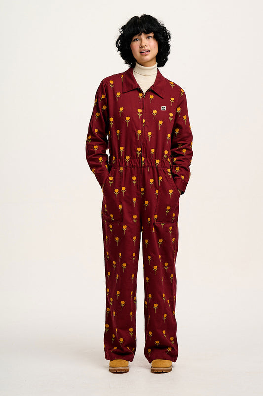 Corey - Cotton & Hemp Boilersuit in Red with Tahlia Tulip Embroidery