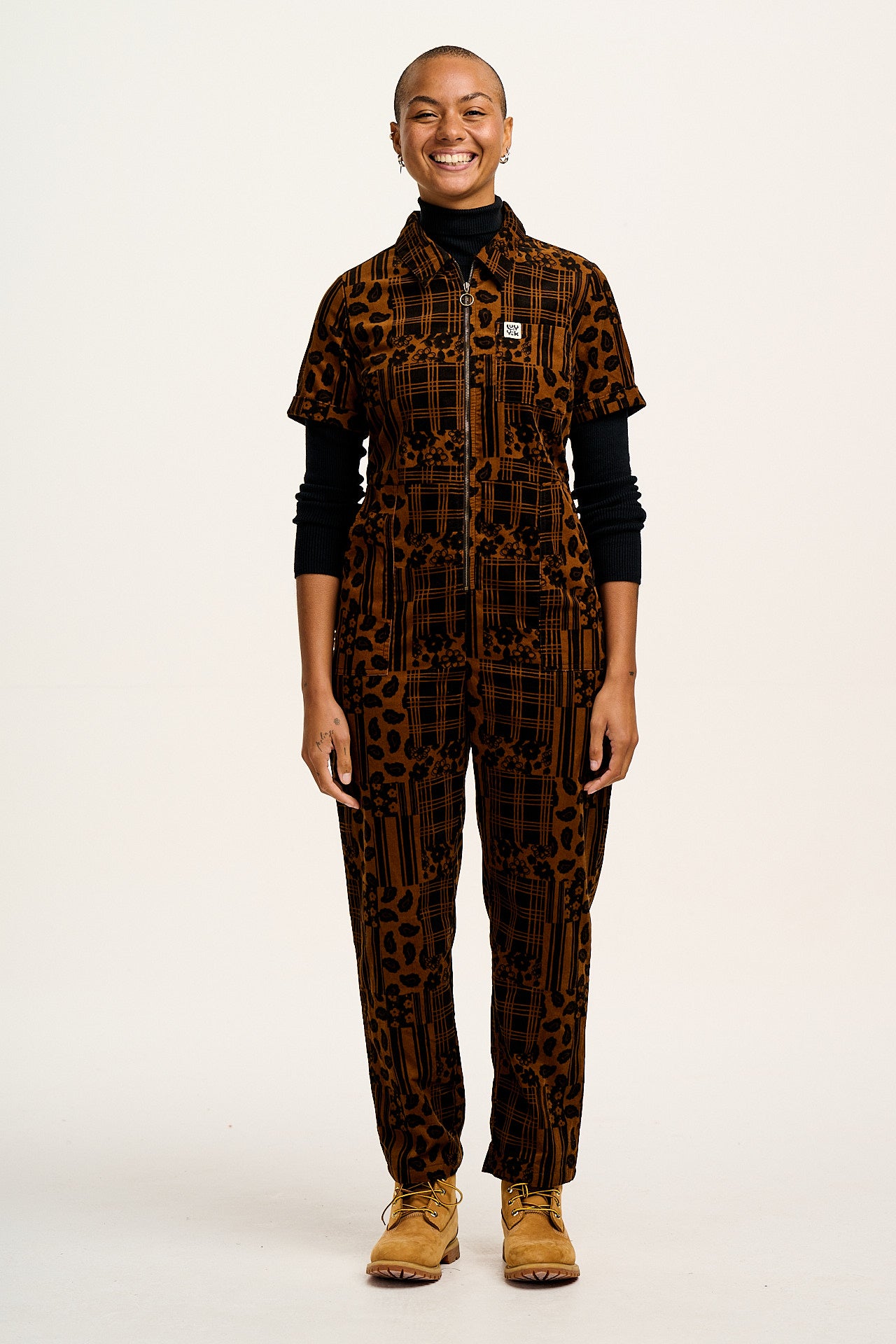 Rex - Short Sleeve Corduroy Jumpsuit in Brown Penny Patchwork Print