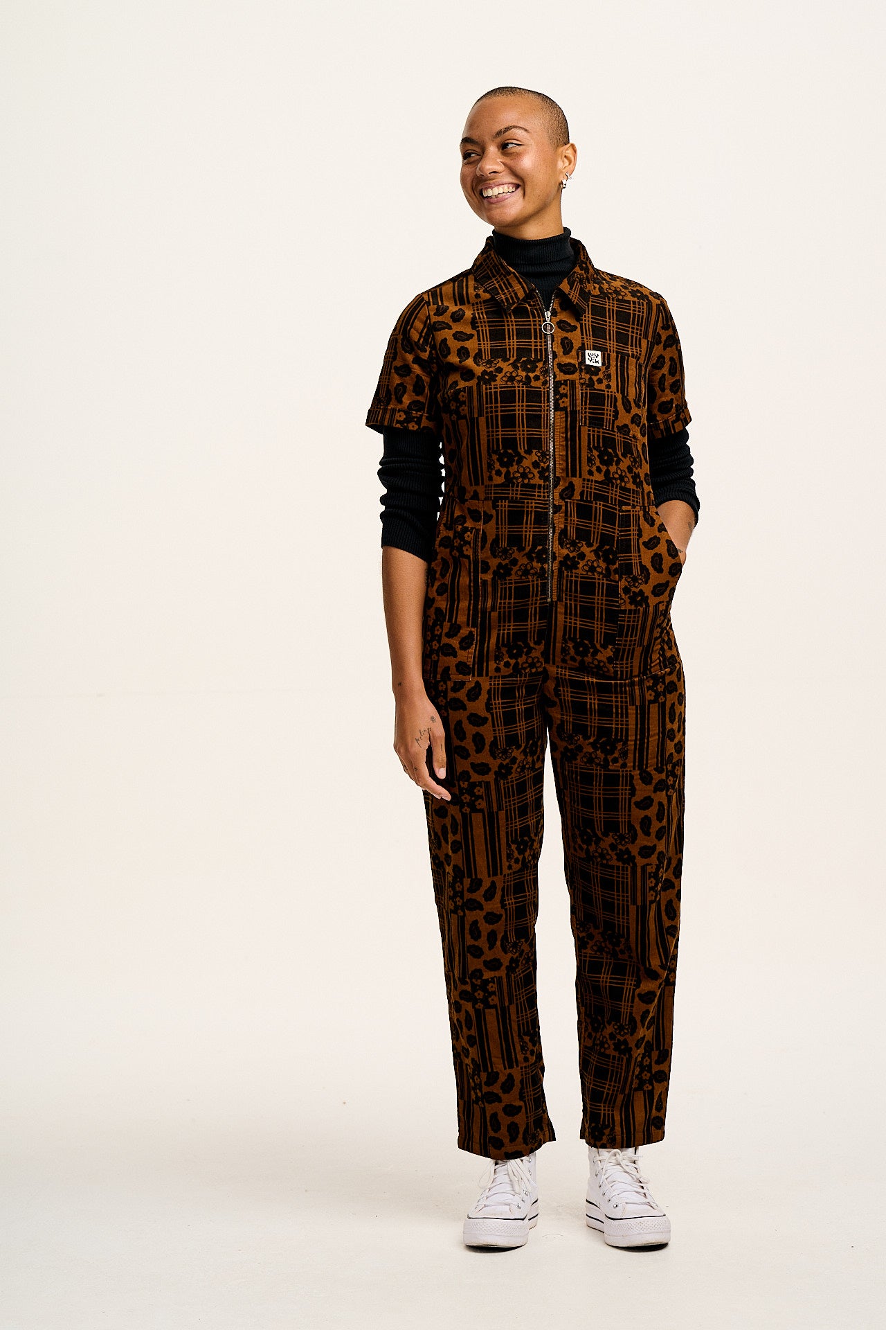 Rex - Short Sleeve Corduroy Jumpsuit in Brown Penny Patchwork Print