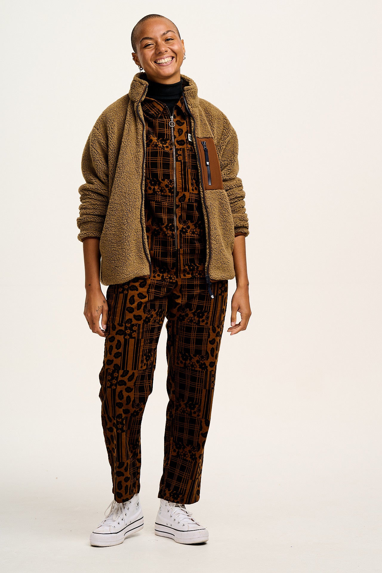 Rex - Short Sleeve Corduroy Jumpsuit in Brown Penny Patchwork Print