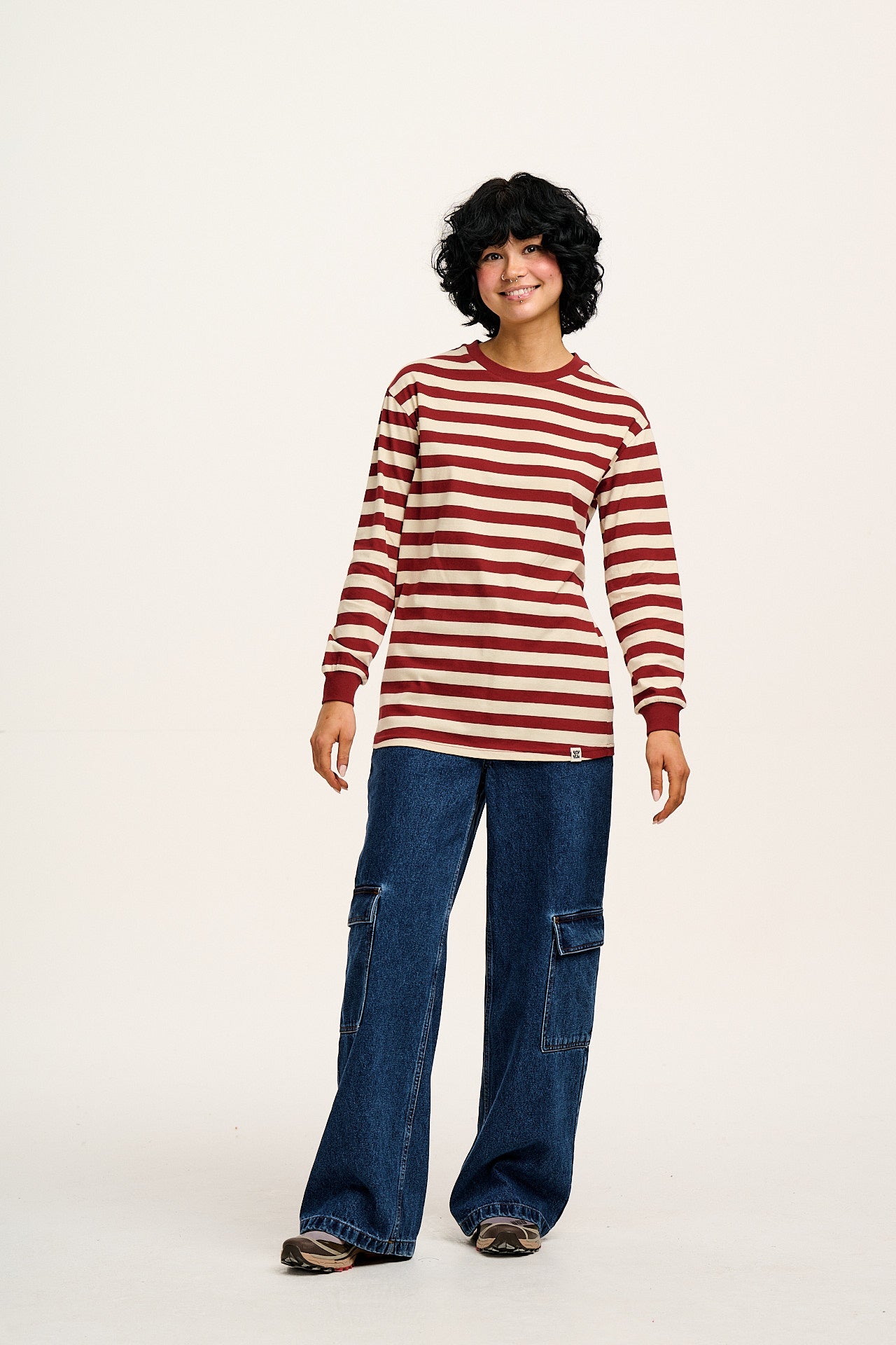 Kenny - Long Sleeve Skater Cotton Tee in Maroon & Ecru Stripe