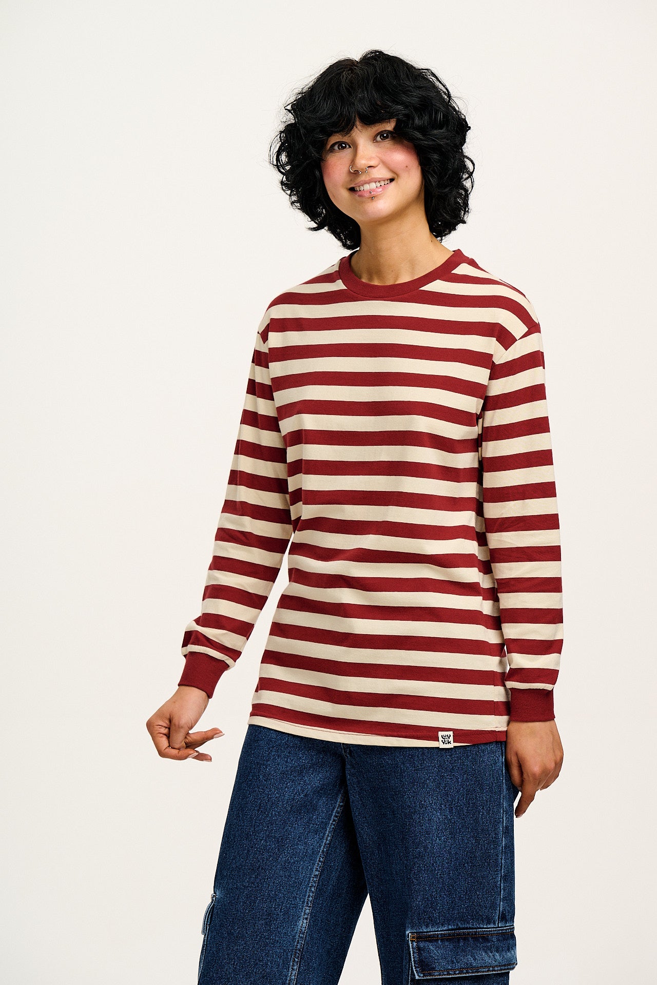 Kenny - Long Sleeve Skater Cotton Tee in Maroon & Ecru Stripe