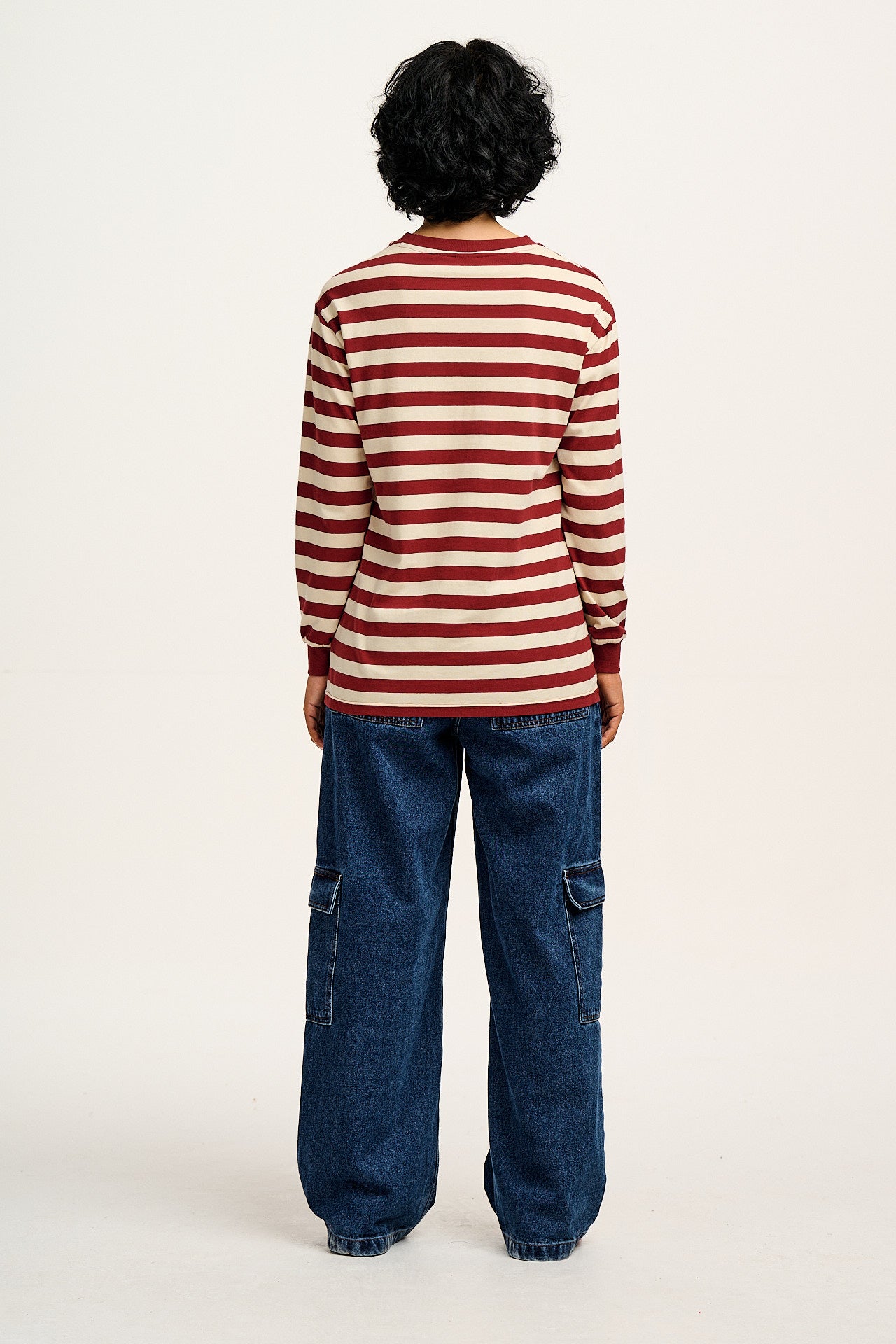 Kenny - Long Sleeve Skater Cotton Tee in Maroon & Ecru Stripe